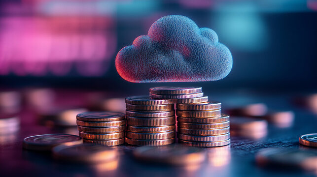 Stacks of gold coins beneath a glowing cloud icon represent cloud computing and financial technology. The image conveys modern digital savings, online investment, and economic innovation concepts