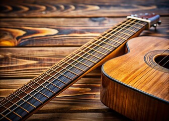 Obraz premium Close-Up of an Old Acoustic Guitar Fretboard with Blurred Sound Hole and Strings, Perfect for Music Concept Imagery and Artistic Backgrounds, Displaying Rich Wood Textures and Detail