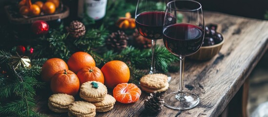 Christmas setting with biscuits red wine tangerines pinecones and festive decorations on a rustic wooden table background
