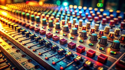 Obraz premium Close-Up of an Old Retro Mixing Console with Tilt-Shift Photography for Unique Depth and Detail – Capturing the Essence of Vintage Audio Equipment