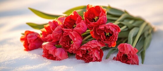 Bouquet of vibrant red and pink tulips resting on a snowy white background showcasing winter's beauty and floral elegance