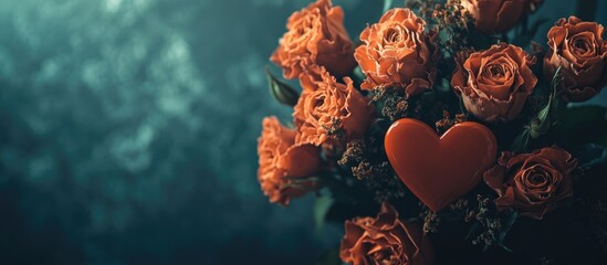 Romantic bouquet of red roses with a vibrant heart symbol on a blurred background for love and celebration themes
