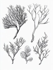 Obraz premium Coral sketch. Natural corals sketching, black engraving ocean reef flora. Seaweed branch, vintage underwater life exact collection