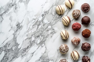 Obraz premium Chocolate truffles, sweets on marble background, scattered chocolates on natural white stone top view
