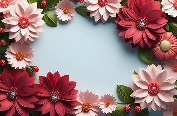 a wreath of flowers with a pink border and a white frame with a pink flower.