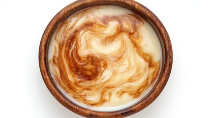 Bowl of creamy yogurt swirled with caramel viewed from above on a clean white background in a natural wooden bowl