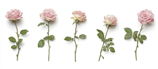 Elegant arrangement of pastel roses on a white background showcasing delicate petals and vibrant green leaves ideal for floral design concepts