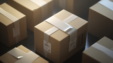 Cardboard boxes mockup, 3d vector cargo and parcel packages top, front and bottom view with tape and paper labels. Realistic carton closed packaging for goods, isolated packs for freight shipping