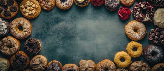 Vintage themed background featuring an array of Christmas cookies and desserts arranged in an elegant circular pattern.