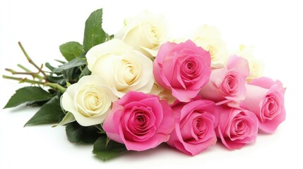 Fototapeta premium Cream and pink roses elegantly arranged on a bright white background showcasing their beauty and delicate charm.