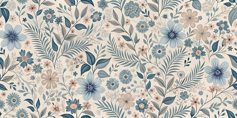 A delicate pattern of pastel blue and beige flowers and leaves against a textured ivory background