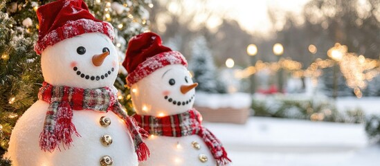 Charming artificial snowmen decor at housing community entrance with twinkling lights and snowy park backdrop during the festive season