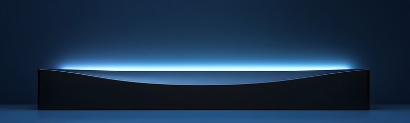 Fototapeta premium Sleek black podium on a bold electric blue background, softly illuminated, creating an expansive space in front for showcasing a product.