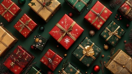 Cajas de regalos de color rojo, verde y crema con lazo, navidad