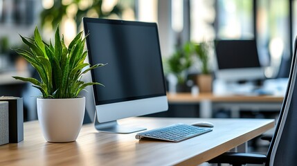 A modern office desk featuring a computer and a potted plant.