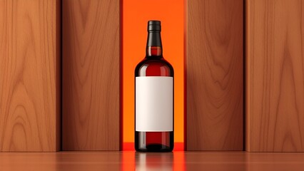A bottle with a blank label centered between two wooden textured columns, warm orange-red gradient background, ideal for product presentation, advertising, or design concepts
