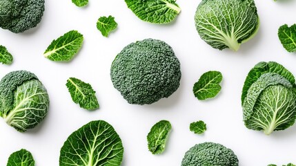 Broccoli and cabbage leaves arranged on a white background with vibrant green colors showcasing fresh vegetables for culinary use.