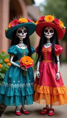 Traditional Catrina Figures Dressed for Festive Day of the Dead Traditions.