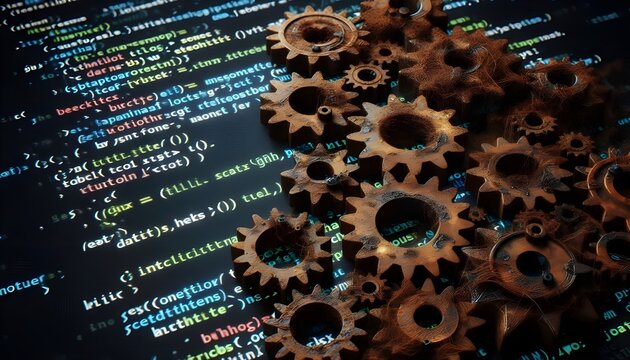 Rusty gears on code symbolize outdated programming languages plagued with bugs.