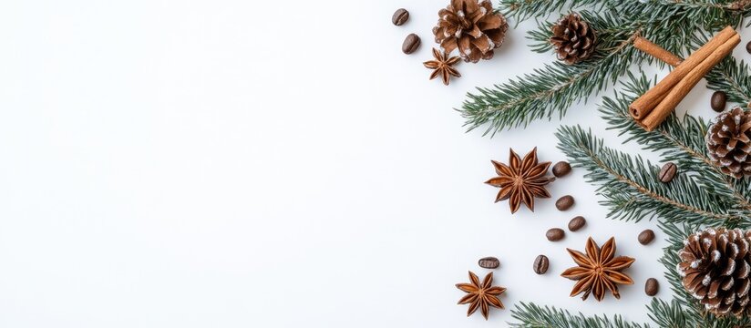 Christmas arrangement with spruce branches pine cones cinnamon sticks star anise and coffee beans on a white background for festive decor