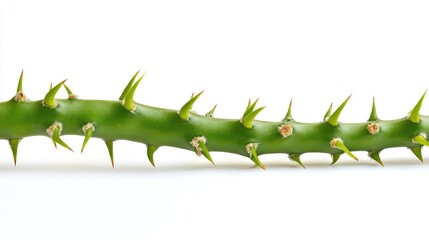 Naklejka premium Green cactus stem with sharp thorns isolated on a clean white background showcasing botanical details and natural textures.
