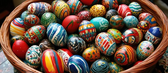 Colorful Easter eggs in a woven basket showcasing intricate designs and vibrant hues for festive spring celebrations.