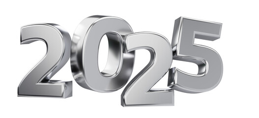 2025 silver numbers. Metallic numbers 3D rendering. New Year symbol.