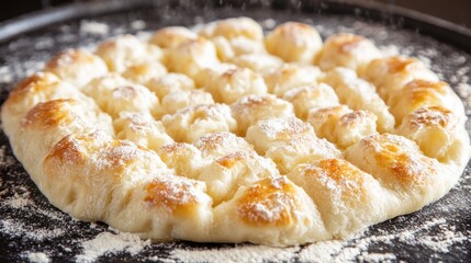 Artisan bread dough prepared for baking in a traditional bakery setting with flour dusting on the surface