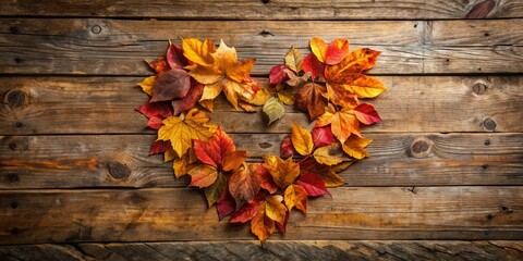 A rustic wooden background with a heart formed by vibrant autumn leaves, showcasing the beauty of nature's transition.