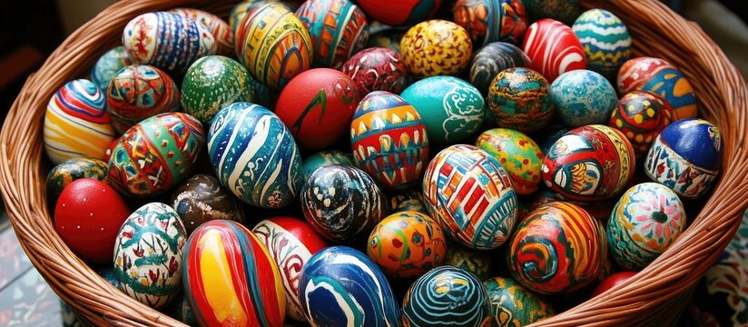 Colorful Easter eggs in a woven basket showcasing intricate designs and vibrant hues for festive spring celebrations.