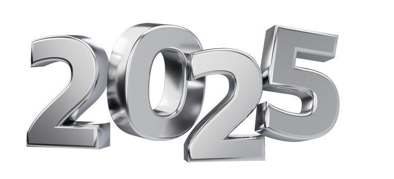 2025 silver numbers. Metallic numbers 3D rendering. New Year symbol.