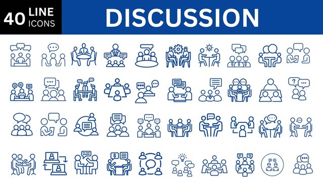 Discussion set of web icons in line style. Live webinar icons for web and mobile app. Containing conference, business meeting, classroom, team, interview, conference, work, discussion and more