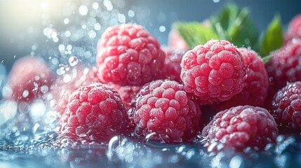 Fresh raspberries splashing in water droplets on a vibrant blue background showcasing freshness and...