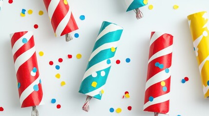 Obraz premium Colorful party crackers and streamers arranged on white background with confetti creating a festive celebration atmosphere