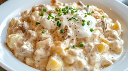 Creamy German-style potato salad garnished with chives served in a white bowl on a rustic table close-up view