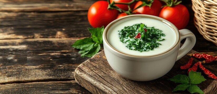 Creamy dovga soup served in a bowl with fresh greens and tomatoes on a rustic wooden board in a warm culinary setting
