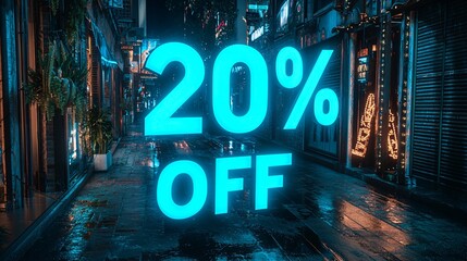 Bright discount sign illuminates rainy alleyway at night in a vibrant city setting