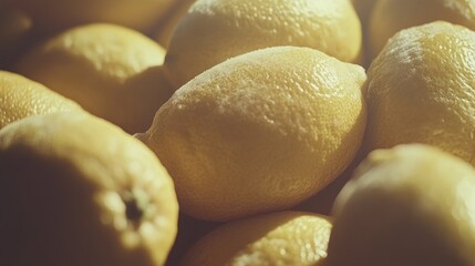 Close up of vibrant fresh lemons arranged in soft light showcasing their textured skin and natural freshness in a rustic setting