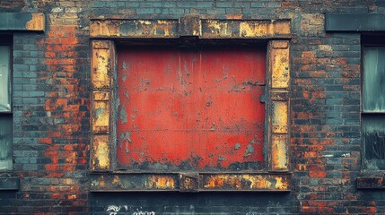Naklejka premium Weathered Brick Wall with Faded Red Frame and Textured Decay in Urban Setting