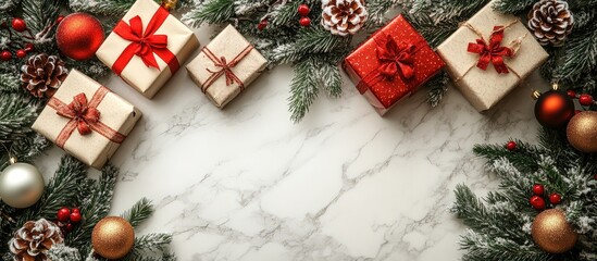 Christmas flat lay with gifts ornaments pine cones and greenery on white marble table for festive holiday background design