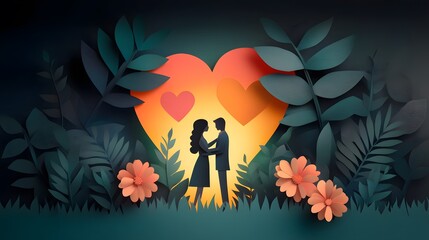 Romantic scene of a couple in a garden with watercolor flowers and paper cut heart decorations
