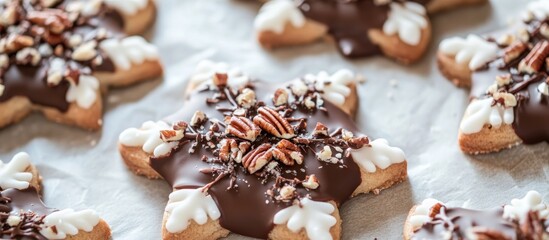 Fototapeta premium Delicious chocolate-dipped snowflake sugar cookies topped with crushed pecans beautifully arranged on parchment paper for festive occasions