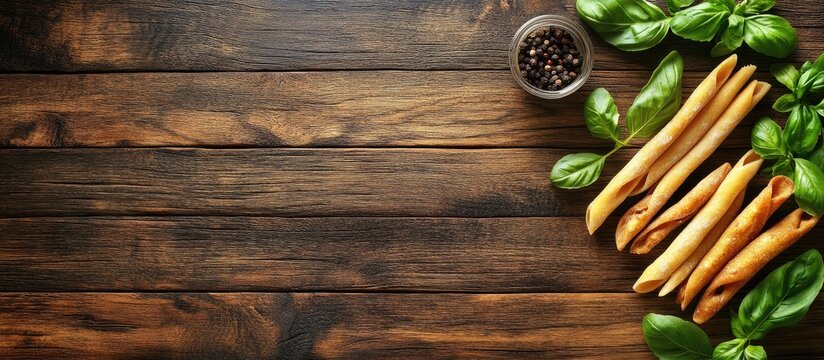 Flat lay of fresh gressini bread sticks herbs and spices arranged on a rustic wooden table perfect for Italian cuisine and food styling
