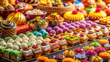 Fototapeta premium Close-Up of Traditional Sweets and Desserts on a Beautifully Decorated Table Showcasing the Rich Colors and Textures of Exquisite Treats for a Festive Celebration
