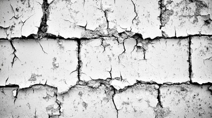 Obraz premium Cracked brick wall with peeling paint showcasing texture and decay in a monochromatic style for backgrounds and architectural elements