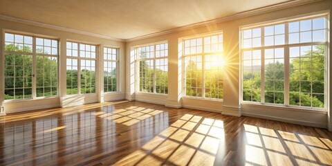 Fototapeta premium Sunlight streams through large windows onto hardwood floors in an empty room.