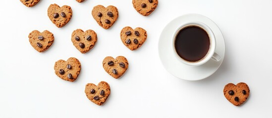 Obraz premium Heart-shaped cookies arranged around a cup of coffee on a white background top view gourmet dessert concept