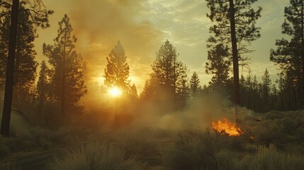 Obraz premium Wildfire smoke drifting through a forested landscape during sunset highlighting the impact of climate change on natural environments
