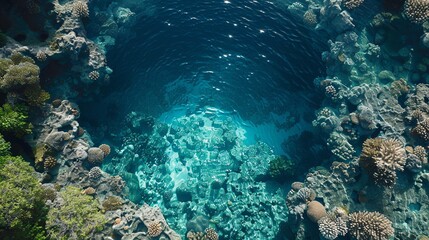 Fototapeta premium Aerial view of vibrant coral reef and crystal-clear ocean water.