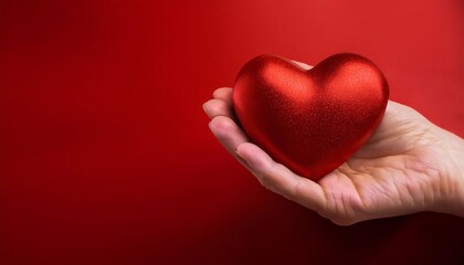 Obraz premium Hand holding a heart cover with red background and space for text